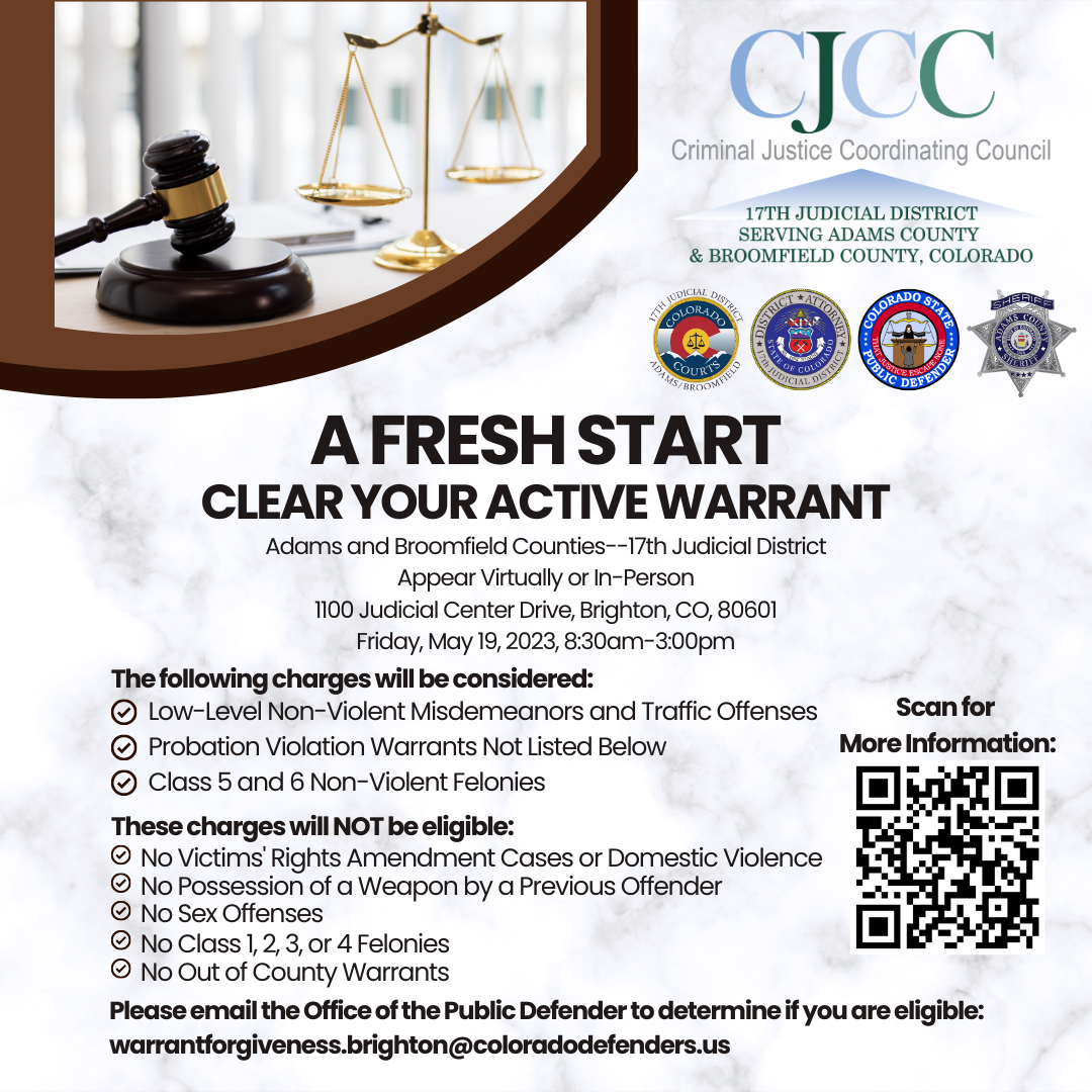 
Adams and Broomfield Criminal Justice Leaders to Host Warrant Clearance Event on May 19th