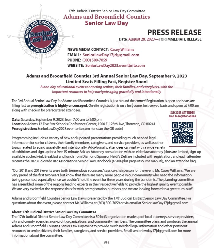 
Media Alert: Adams and Broomfield Counties 3rd Annual Senior Law Day, September 9, 2023, Limited Seats Filling Fast, Register Soon!